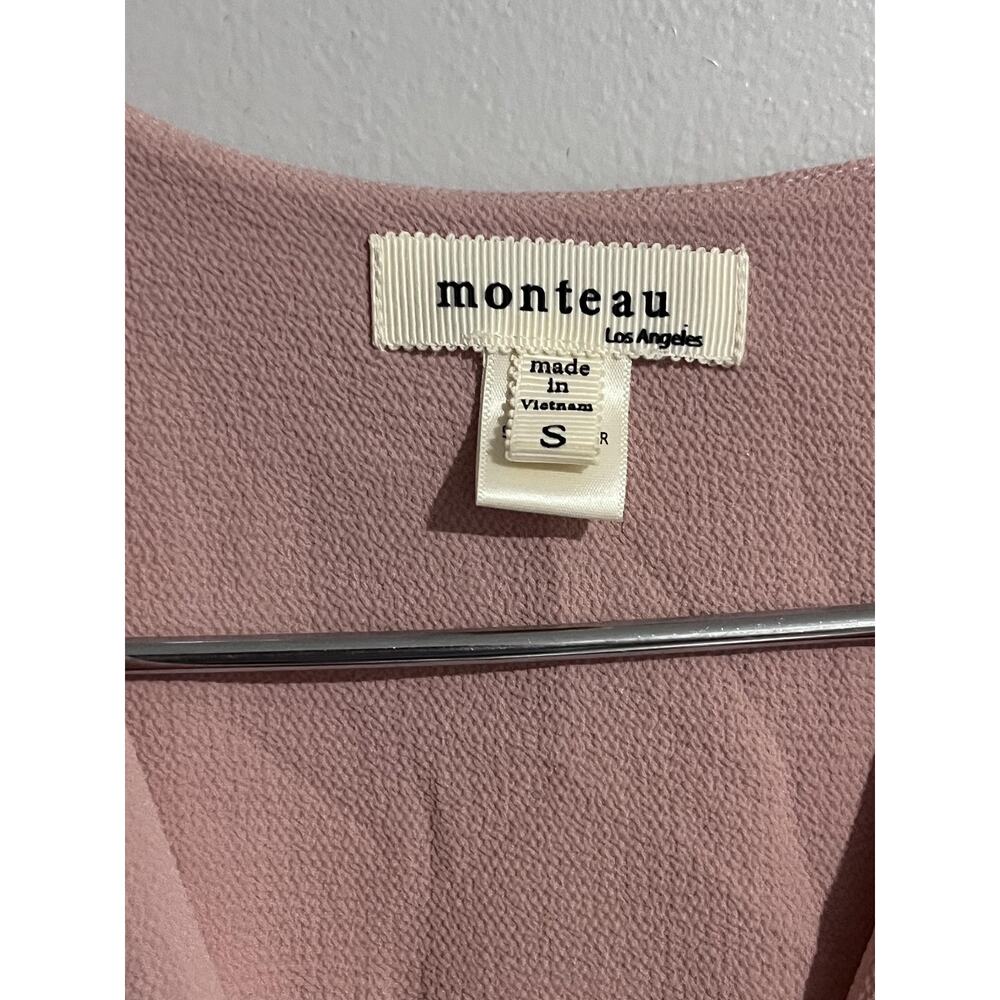 Monteau Dress Womens S Pink Wrap Short V-Neck Flutter Sleeve Tie Belted - Picture 3 of 5